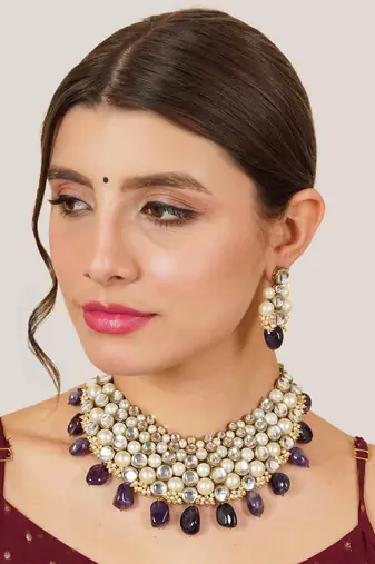 Royal amethyst & pearl kundan choker set with matching earrings