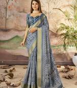Dark slate grey dola silk blend woven border printed saree