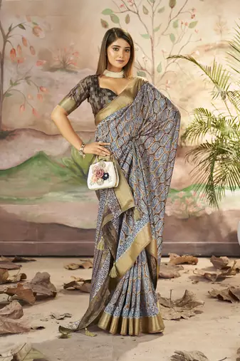 Dull brown dola silk blend woven border printed saree