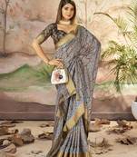 Dull brown dola silk blend woven border printed saree