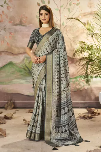 Carbon grey dola silk blend woven border printed saree