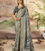 Carbon grey dola silk blend woven border printed saree