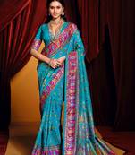 Designer paisley printed tussar silk sky blue saree