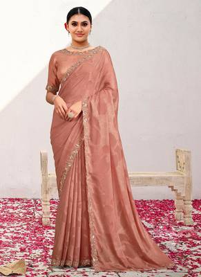 Peach jaquard georgette heavy embroidered wedding wear saree 1
