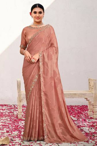 Peach  jaquard georgette heavy embroidered wedding wear saree