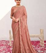 Peach  jaquard georgette heavy embroidered wedding wear saree