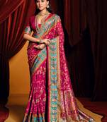 Designer paisley printed tussar silk bright pink saree