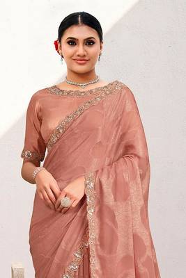Peach jaquard georgette heavy embroidered wedding wear saree 2