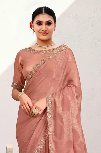 Peach jaquard georgette heavy embroidered wedding wear saree