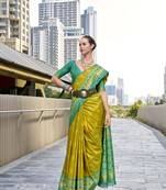 Green soft silk weaving temple border jari designer printed saree