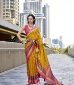 Yellow soft silk blend temple border jari designer printed saree