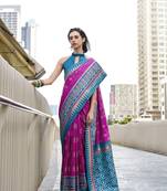 Magenta soft silk blend temple border jari designer printed saree