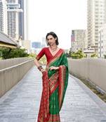 Green soft silk blend temple border jari designer printed saree