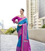Blue soft silk blend temple border jari designer printed saree
