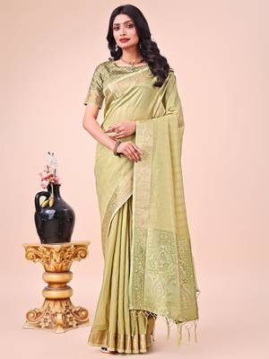 Olive green woven organza saree 1