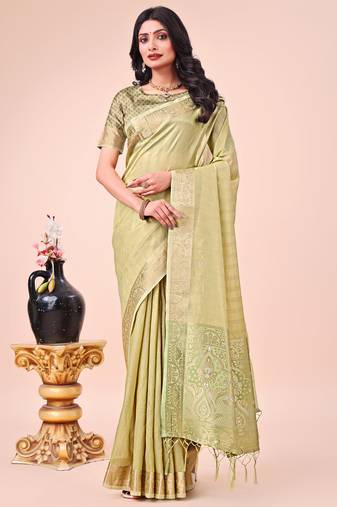Olive green woven designer organza saree