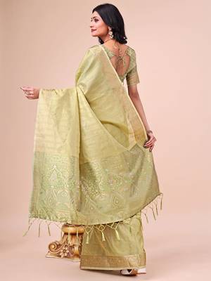 Olive green woven organza saree 2