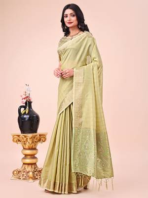 Olive green woven organza saree 3