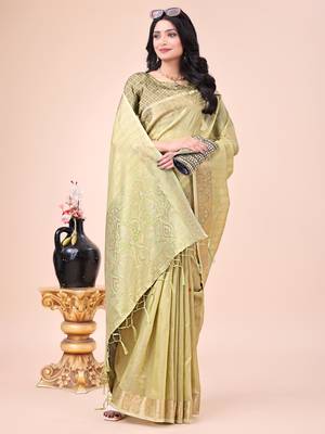 Olive green woven organza saree 4