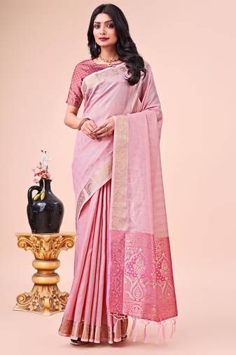 Pink woven designer organza saree