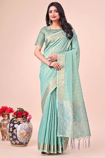 Teal woven designer organza saree