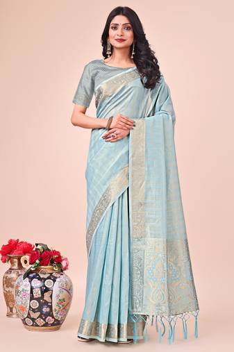 Sky blue woven designer organza saree