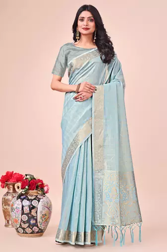 Sky blue woven designer organza saree