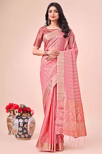 Peach woven designer organza saree