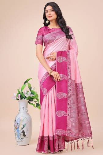 Light pink lichi silk blend woven designer saree