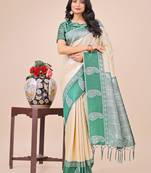 Cream lichi silk blend woven designer saree