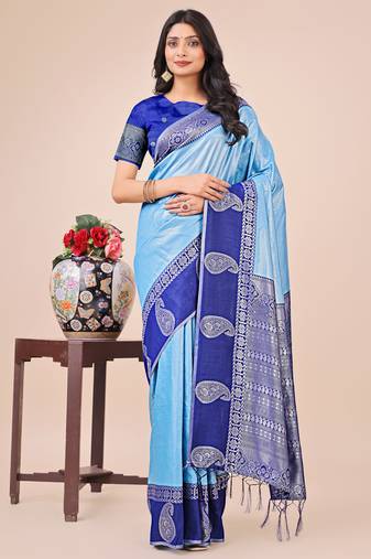 Sky blue lichi silk blend woven designer saree