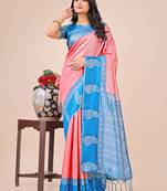 Pink lichi silk blend woven designer saree