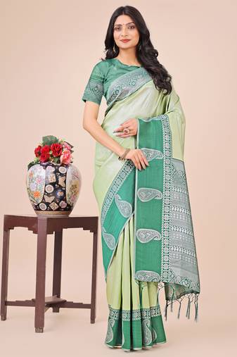 Pista lichi silk blend woven designer saree