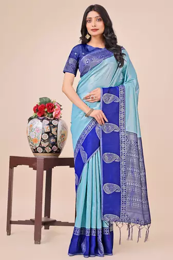 Teal lichi silk blend woven designer saree