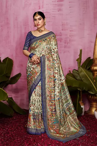 Dark blue and off white woven polka dot and printed tussar silk blend saree