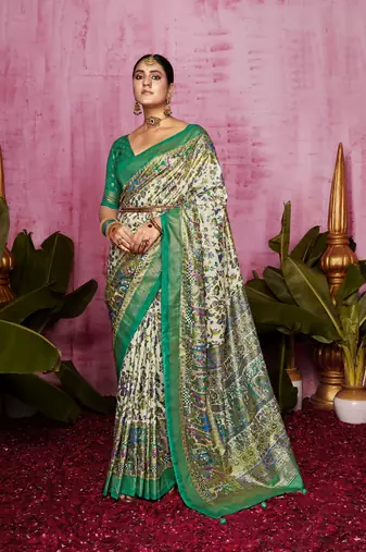 Teal and off white woven polka dot and printed tussar silk blend saree
