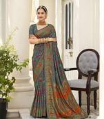 Green velvet tussar silk blend woven floral printed saree