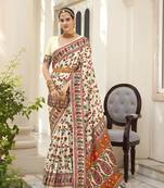 Off white velvet tussar silk blend woven floral printed saree