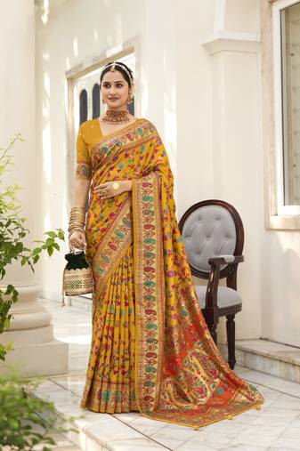 Dark orange velvet tussar silk blend woven floral printed saree