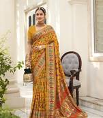 Dark orange velvet tussar silk blend woven floral printed saree