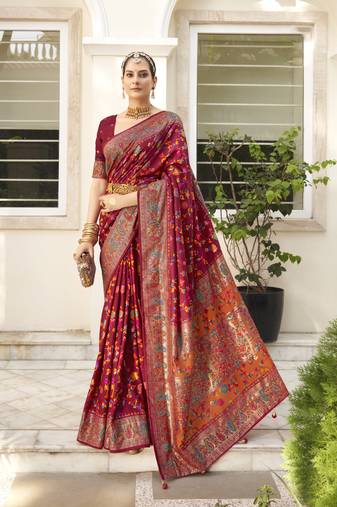 Vivid burgundy velvet tussar silk blend woven floral printed saree