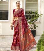 Vivid burgundy velvet tussar silk blend woven floral printed saree