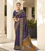 Dark blue velvet tussar silk blend woven floral printed saree