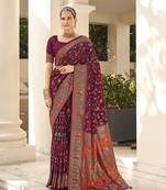 Wine berry velvet tussar silk blend woven floral printed saree