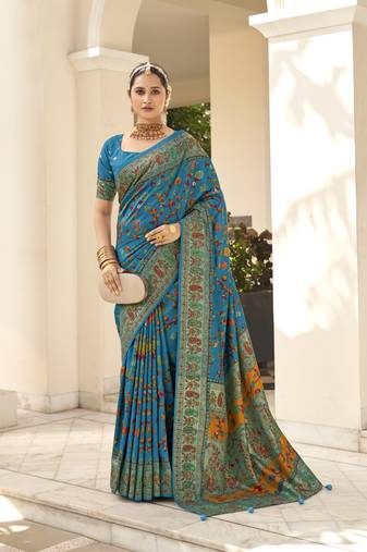 Teal blue velvet tussar silk blend woven floral printed saree