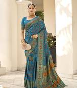 Teal blue velvet tussar silk blend woven floral printed saree