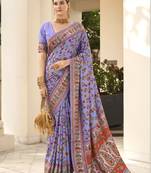 Lavender velvet tussar silk blend woven floral printed saree