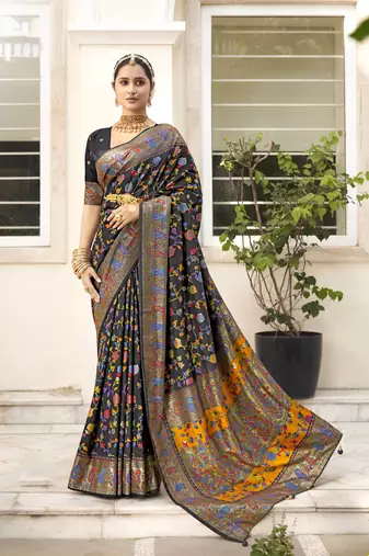Black velvet tussar silk blend woven floral printed saree