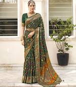 Pine green velvet tussar silk blend woven floral printed saree