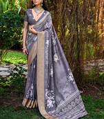 Woven border digital floral printed grey cotton silk saree